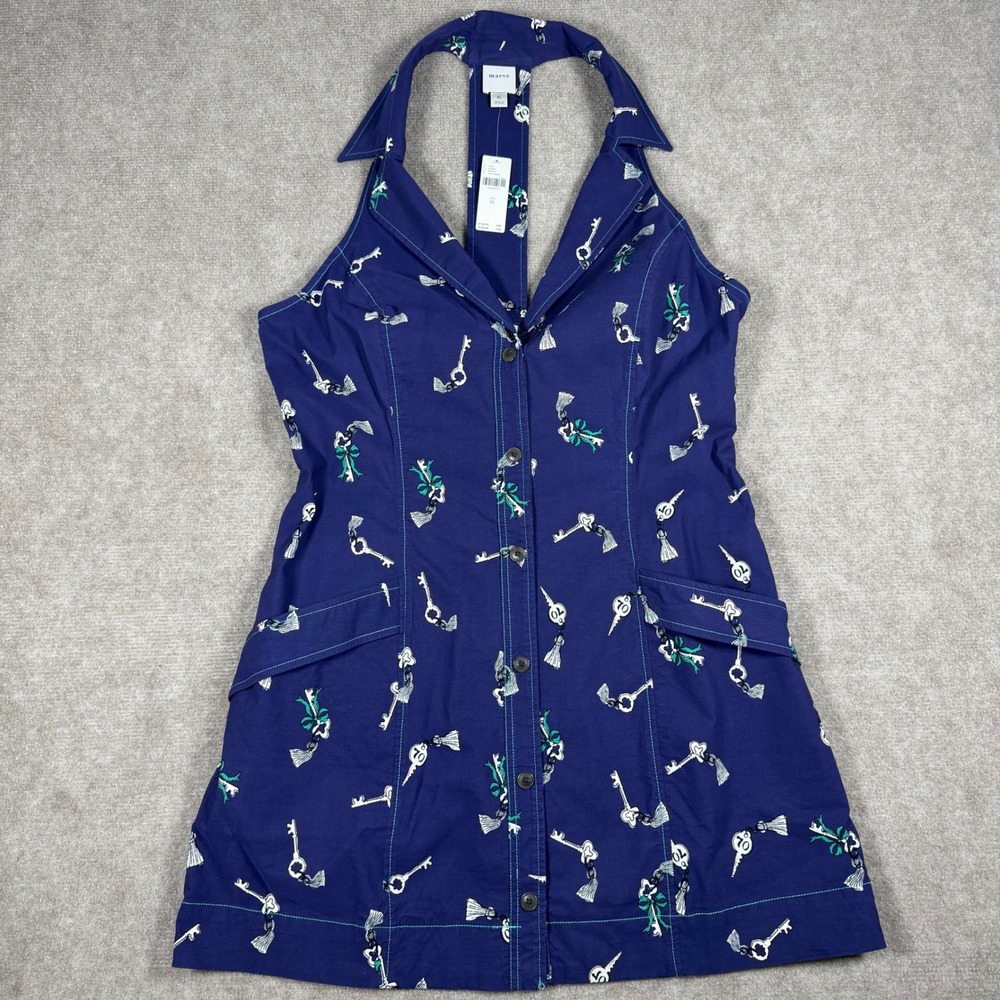 Maeve Anthropologie Navy Key Print Halter Mini Dress XL Button Front Pockets NWT